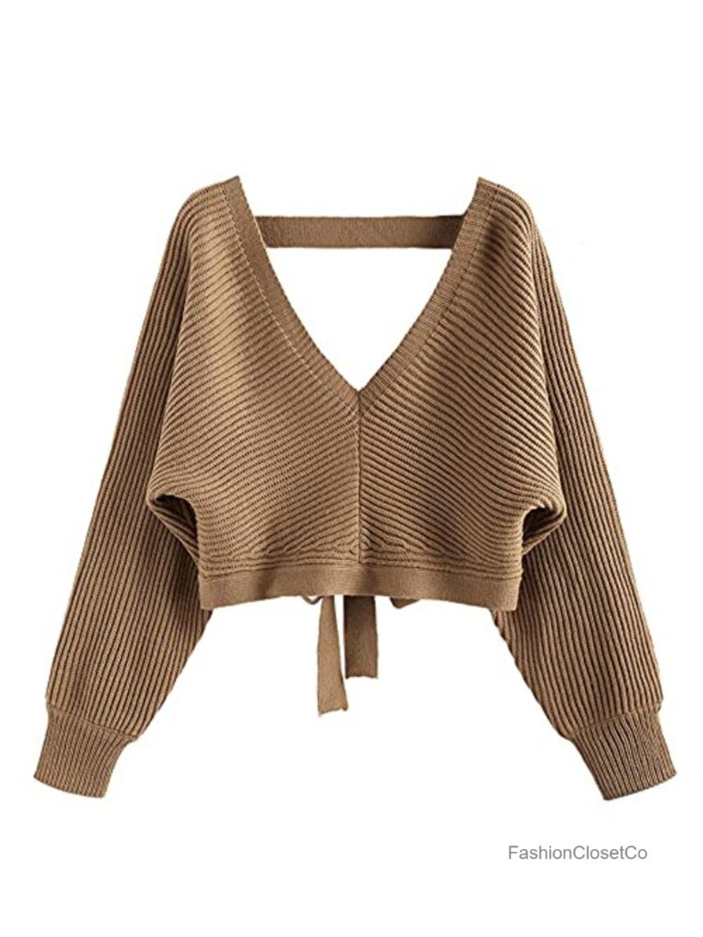 Cropped Ribbed Knit Sweater Deep V Back Tie Back Batwing Sleeve Pullover